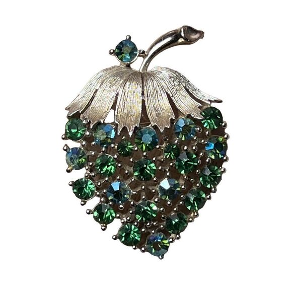 Vintage Lisner Green Blue AB Rhinestone Brooch Strawberry Signed - Picture 2 of 7